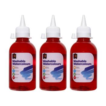 3PK Educational Colours Washable Watercolour Student Paint Red 250ml 3y+