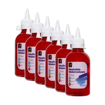6PK Educational Colours Washable Watercolour Student Paint Red 250ml 3y+