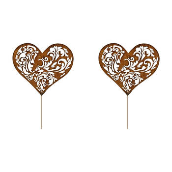 2PK Bronrob Love Heart W/ Floral Cut Outs Outdoor Garden Stake Large 45x18cm