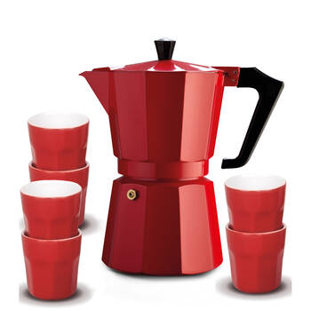 6pc Pezzetti Stove Top Espresso Coffee Cafetiere Set w/ 6 100mL Cups Red