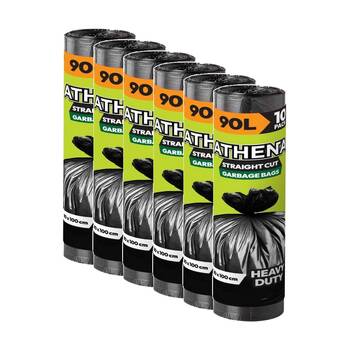 6x 10PK Athena Straight Cut Heavy Duty Garbage Bags Black 90L 80x100cm