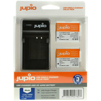 Jupio 2x Battery 1270mAh & USB Single Charger Kit For Olympus Li-90B/Li-92B