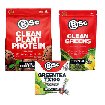 BSc Wellness Combo w/1kg Vegan Protein 180g Green Tea 150g Clean Greens Powders
