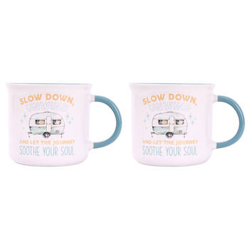 2PK Splosh Caravan Slow Down Ceramic Coffee Mug 390ml/10cm Camping Cup White