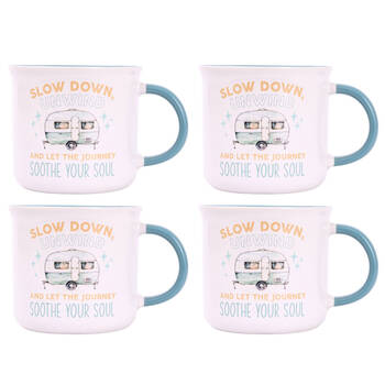 4PK Splosh Caravan Slow Down Ceramic Coffee Mug 390ml/10cm Camping Cup White