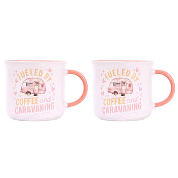 2PK Splosh Caravan Fuelled By Ceramic Coffee Mug 390ml/10cm Camping Cup Pink