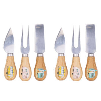 2x 3pc Splosh Caravan Bamboo Steel Camping Cheese Knife Set 12.5cm Natural