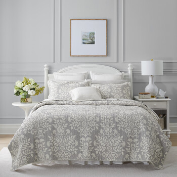 Laura Ashley Rowland Printed Cotton Coverlet Set Queen - Dovey Grey