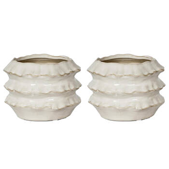 2PK Belle Frilly Ceramic Planter Indoor Plant Container Medium 17cm - White