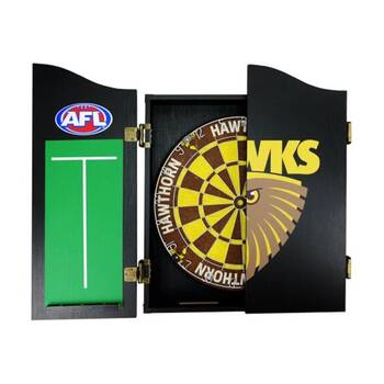 AFL Dartboard and Cabinet Set Hawthorn Hawks Team Design Black Finish