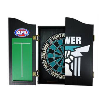 AFL Dartboard and Cabinet Set Port Adelaide Power Team Design Black Finish
