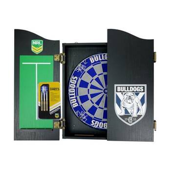 NRL Dartboard and Cabinet Set Dogs Canterbury Bulldogs Team Design Black Finish