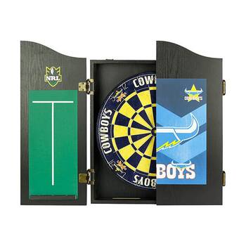 NRL Dartboard and Cabinet Set Cowboys Team Design Black Finish