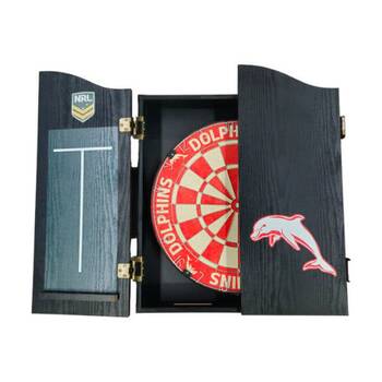 NRL Dartboard and Cabinet Set Dolphins Team Design Black Finish