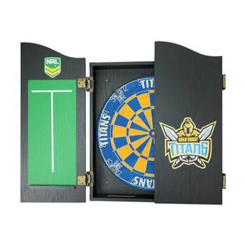 NRL Dartboard and Cabinet Set Gold Coast Titans Team Design Black Finish