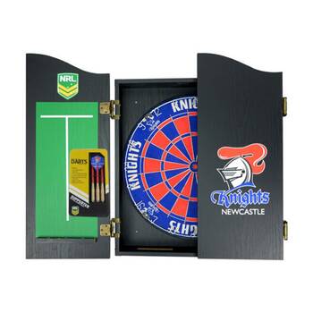 NRL Dartboard and Cabinet Set Newcastle Knights Team Design Black Finish