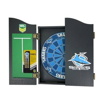 NRL Dartboard and Cabinet Set Cronulla Sharks Team Design Black Finish