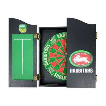 NRL Dartboard and Cabinet Set South Sydney Rabbitohs Team Design Black Finish