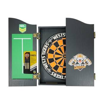 NRL Dartboard and Cabinet Set West Tigers Team Design Black Finish