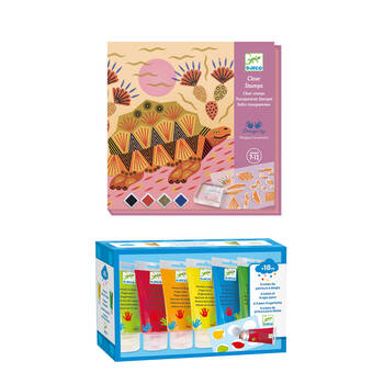 6pc Djeco Finger Paint Tubes and Patterns & Animals Clear Stamps Craft Kit 7y+