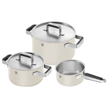 3pc Zwilling Pure Ceramic Stainless Steel Pot Saucepan Cookware Set w/ Lid Beige