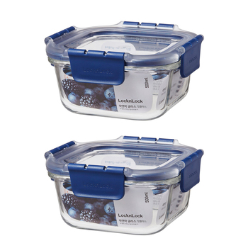 2PK LocknLock Top Class 500ml/14cm Glass Container w/ Tritan Lid Square - Blue