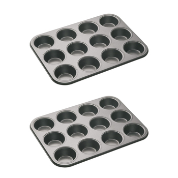 2x Mastercraft 35x27cm Heavy Base 12-Cup Non-Stick Muffin Cupcake Pan - Black