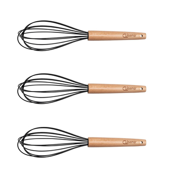 3x Cuisena 26cm Beech Wood Silicone Whisk Kitchen Utensil - Black