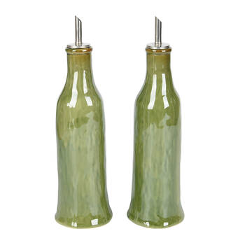 2pc NF Living Oil & Vinegar Set 8x22 Dispenser Stoneware Kitchenware Olive