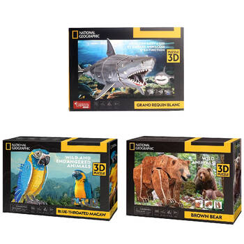 3pc National Geographic Blue Macaws/Great White Shark/Brown Bear 3D Puzzles 8y+