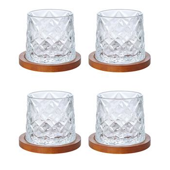 2x 2pc Davis & Waddell Fine Foods Etched 290ml Whisky Glass w/ Coasters Clear