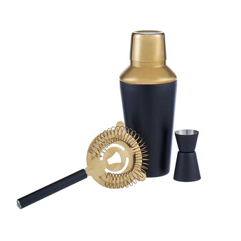 Fine Foods 3pc Black And Gold Stainless Steel Cocktail Bar Set