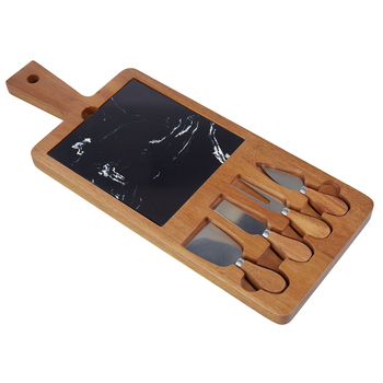 4pc Davis & Waddell Acacia/Marble Cheese Board w/4 Knives Set Natural/Black