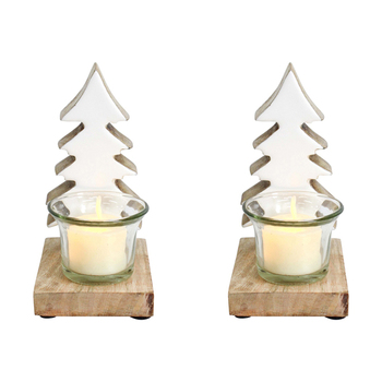 2PK LVD Wood/Glass 15cm Tealight Holder Home Decor - White