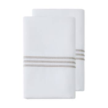 2pc Grosvenor House 500TC Hotel Embroidered Standard Pillowcases White W/ Taupe