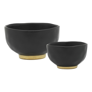 2pc Ecology Speckle Stoneware Footed Bowls, Ebony w/ Gold Base Set 11.5 & 15cm