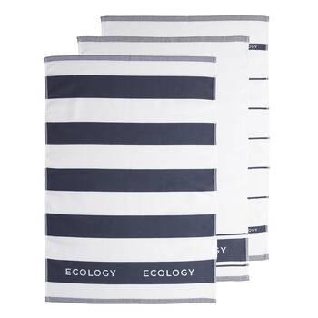 3pc Ecology Fold Striped Kitchen Tea Towels 100% Cotton 50 x 75cm Slate