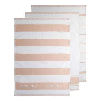 3pc Ecology Fold Striped Kitchen Tea Towels 100% Cotton 50 x 75cm Rose