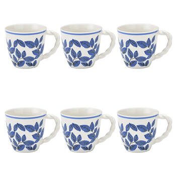 6PK Ecology Joie Gloss Glazed Stoneware Drinking Cup Mug 300ml Blue Leaf