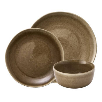 12pc Ecology Allery Plates & Bowls Glazed Stoneware Dinnerset Mocha