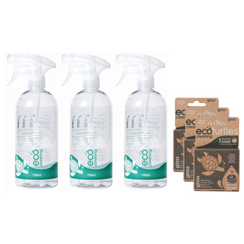 3x Eco-Cleaning Turtles Glass Cleaner Spray Bottle & Tablet