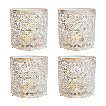 4PK LVD Metal/Glass Votive Moroc 13cm Medium-1 Pillar Candle Holder - Beige