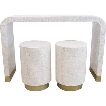 3pc LVD Capiz Wooden Console + Side Tables Set 120x80cm/35x51cm Shimmer White