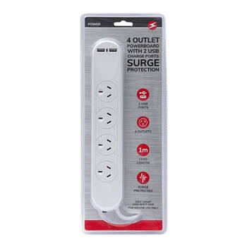 4 Outlet Power Board w/2 USB Charge Ports & Surge Protection