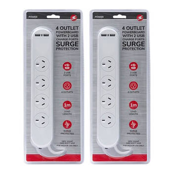 2PK 4 Outlet Power Board w/2 USB Charge Ports & Surge Protection