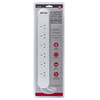Power 6 Outlet & 2USB Powerboard with Surge protection