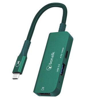 Bonelk Long-Life 3in1 USB-C M to F HDMI/USB MultiPort Hub For PC - Green