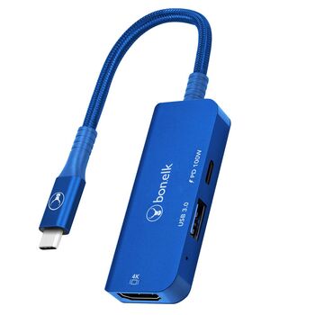 Bonelk Long-Life 3in1 USB-C M to F HDMI/USB MultiPort Hub For PC - Blue
