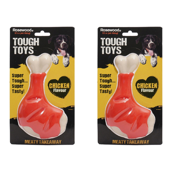 2PK Rosewood Tough Toys Meaty Chicken Takeaway Leg Pet Dog Chew Fun Toy Small Red