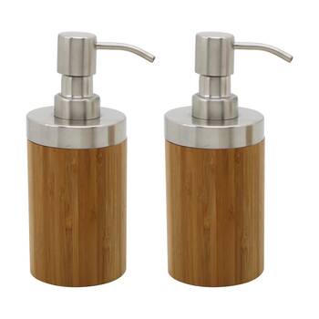 2PK NF Living Round Dispenser 7x17cm Bamboo & Metal Pump For Bathrooms - Natural